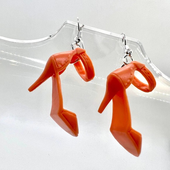 Orange Barbie Shoe Earrings - Coral Orange High Heel Pumps - Novelty Earrings - Picture 2 of 10